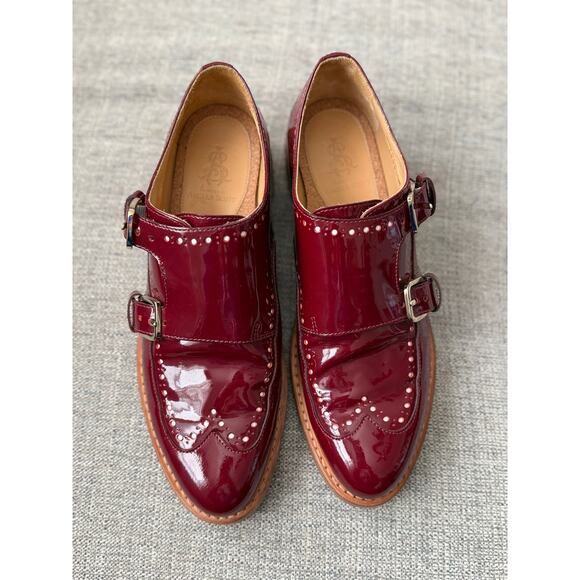 The Office of Angela Scott Mr York Double Monk Oxford Burgundy Patent EU 37 NWOB